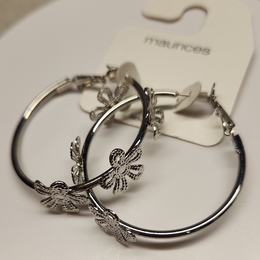 Maurices Silver Tone Floral Hoop Earrings